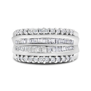 14K White Gold 1.00 Cttw Round and Baguette-Cut Diamond Modern Band Ring (H-I Color, SI2-I1 Clarity) - Ring Size 7