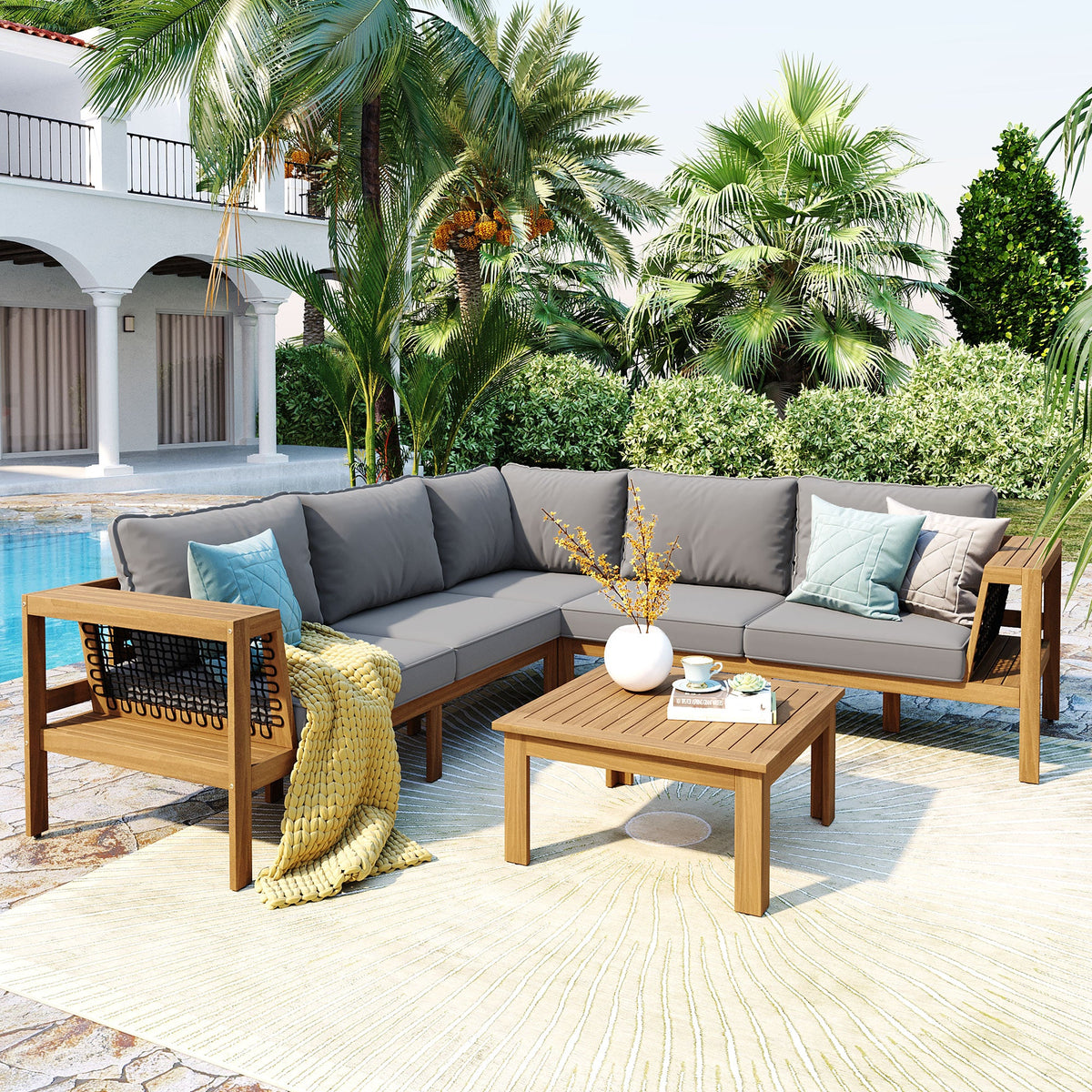 4 Pieces Outdoor Acacia Wood Sofa Set with Coffee Table
