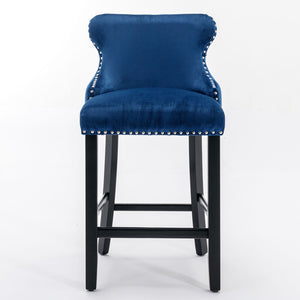 Contemporary Upholstered Wing-Back Barstools With Button Tufted Decoration And Wooden Legs, And Nailhead Trim, Leisure Style Bar Chairs, Bar Stools (Set of 2)