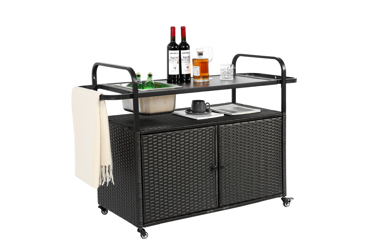 Outdoor Bar Table with Wicker Bar Cart and Steel Top