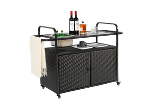 Outdoor Bar Table with Wicker Bar Cart and Steel Top