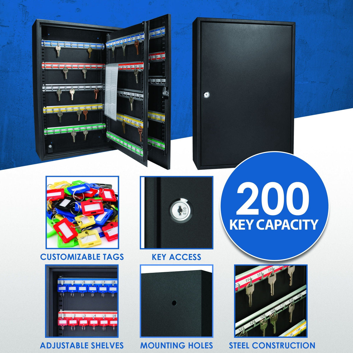 Adjustable Key Cabinet with Lock - Multiple Sizes, Gray or Black