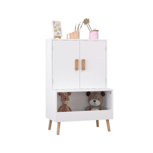 Toy Storage Cabinet With Doors And Open Shelf, Toddler Bookshelf For Playroom - White