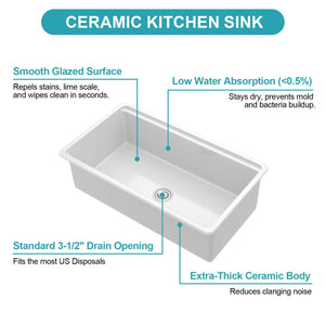 Undermount Workstation Single Bowl Porcelain Ceramic Kitchen Sink
