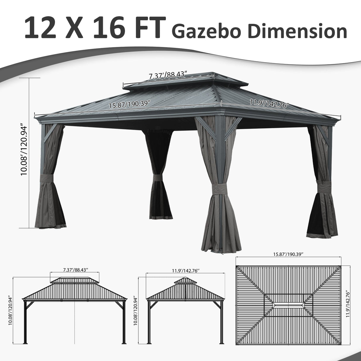 12' x 16' Hardtop Gazebo with Dual-Layer Roof