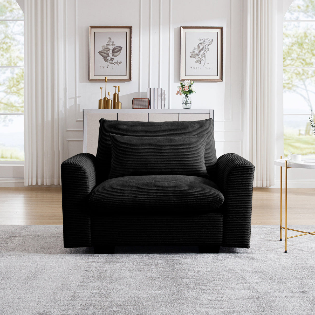 Black Corduroy Deep Seat Single Sofa Accent Chair
