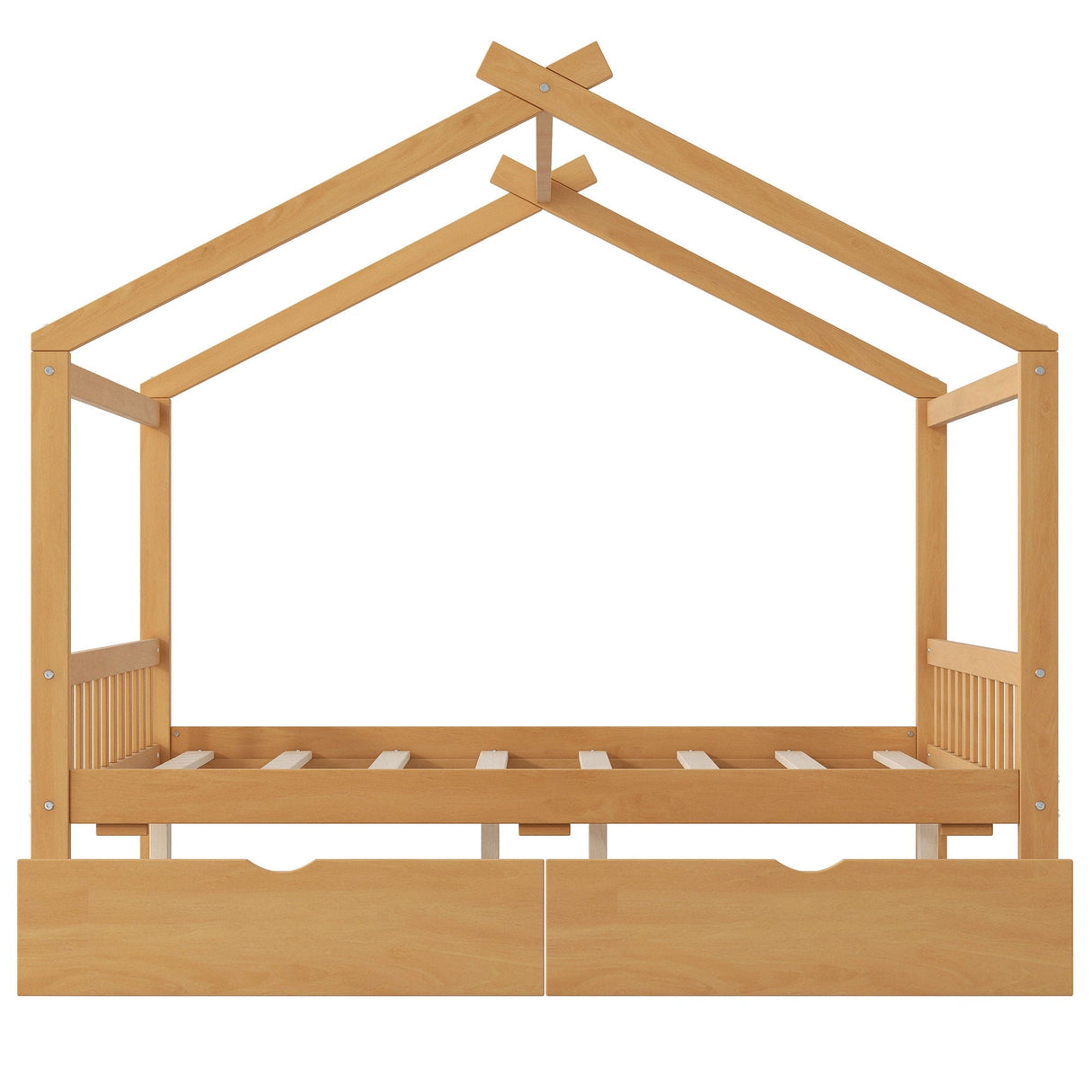 House Style Platform Bed With Headboard, Footboard, 2 Drawers, And Roof Design
