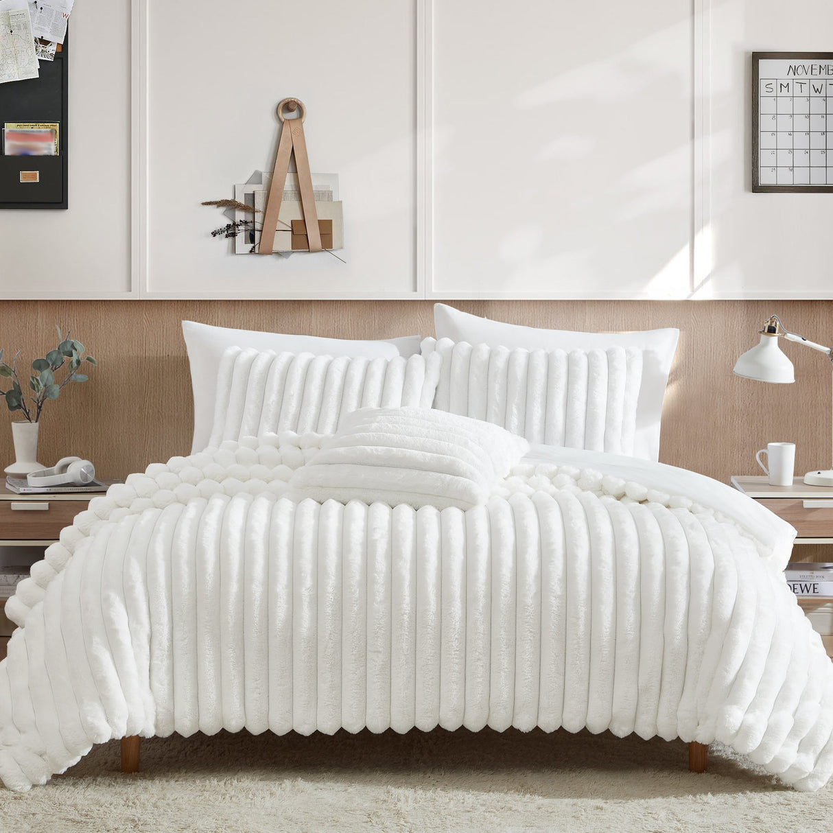 Everett 4 PC White Micro Mink King Bedding Ensemble