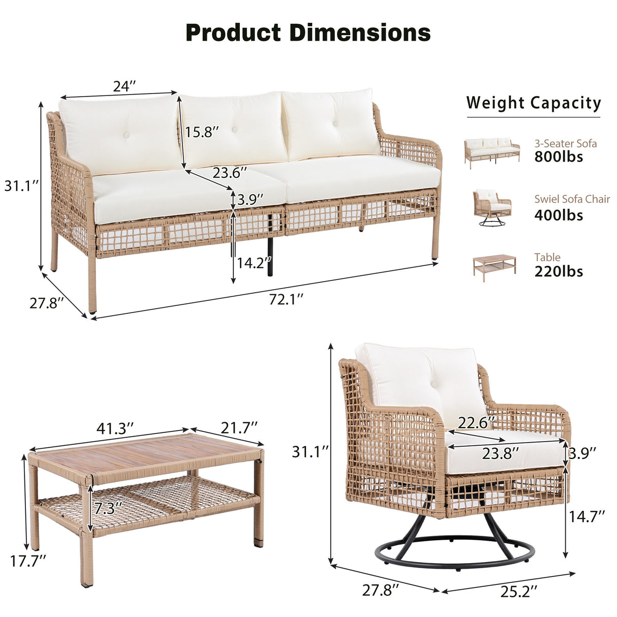 4 Pieces Patio Furniture Set with Swivel Chairs