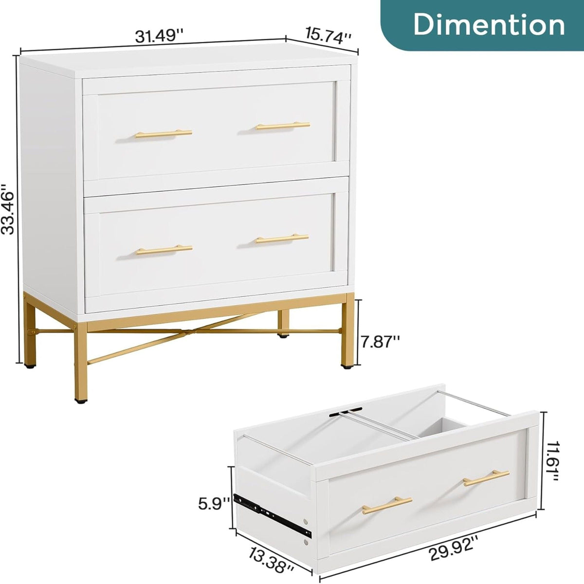 2 Drawer Lateral File Cabinet With Anti Tilt Safety, Filing Storage For Letter / Legal / A4 Files - White