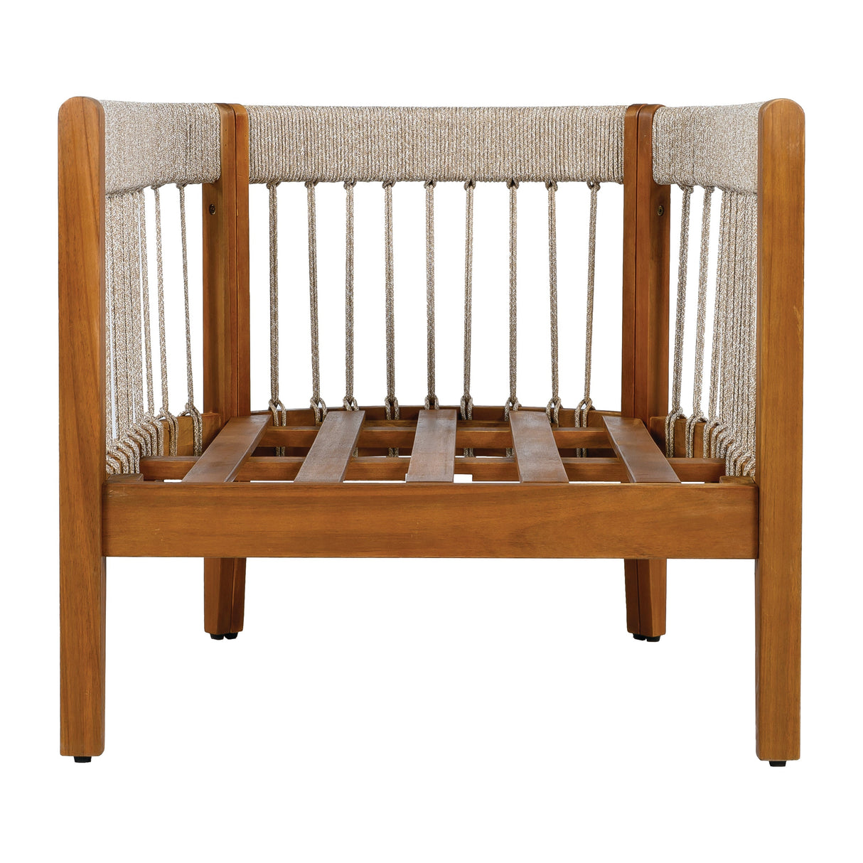 Acacia Wood Outdoor Club Chair with Handwoven Rope Accents and Curved Backrest