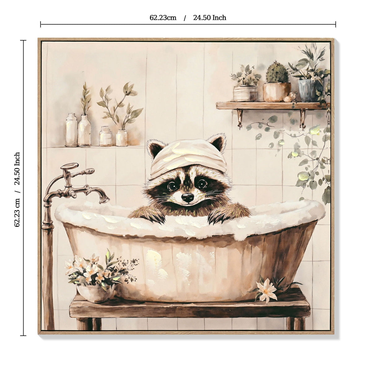 Raccoon Bathroom Canvas Wall Art, Funny Animal, Framed - Black / Ivory