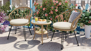 U_STYLE Outdoor Leisure Set, 2 Rattan Single Chairs with Glass Round Table