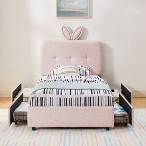 Twin Size Kids Upholstered Bed with Oversized Rabbit Ear Headboard, LED Light & 4 Storage Drawers, Boucle Fabric (79.5''X40.75''X41'')