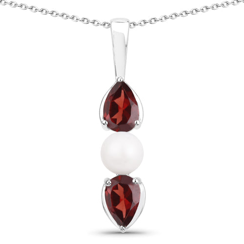 1.50 Carat Genuine Garnet and Pearl .925 Sterling Silver Pendant