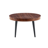 Modern Round Coffee Table - Walnut Pattern MDF And Black Metal Legs