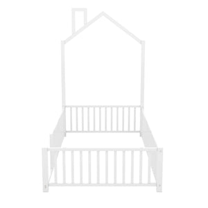 Metal House Platform Bed With Guardrail And Chimney