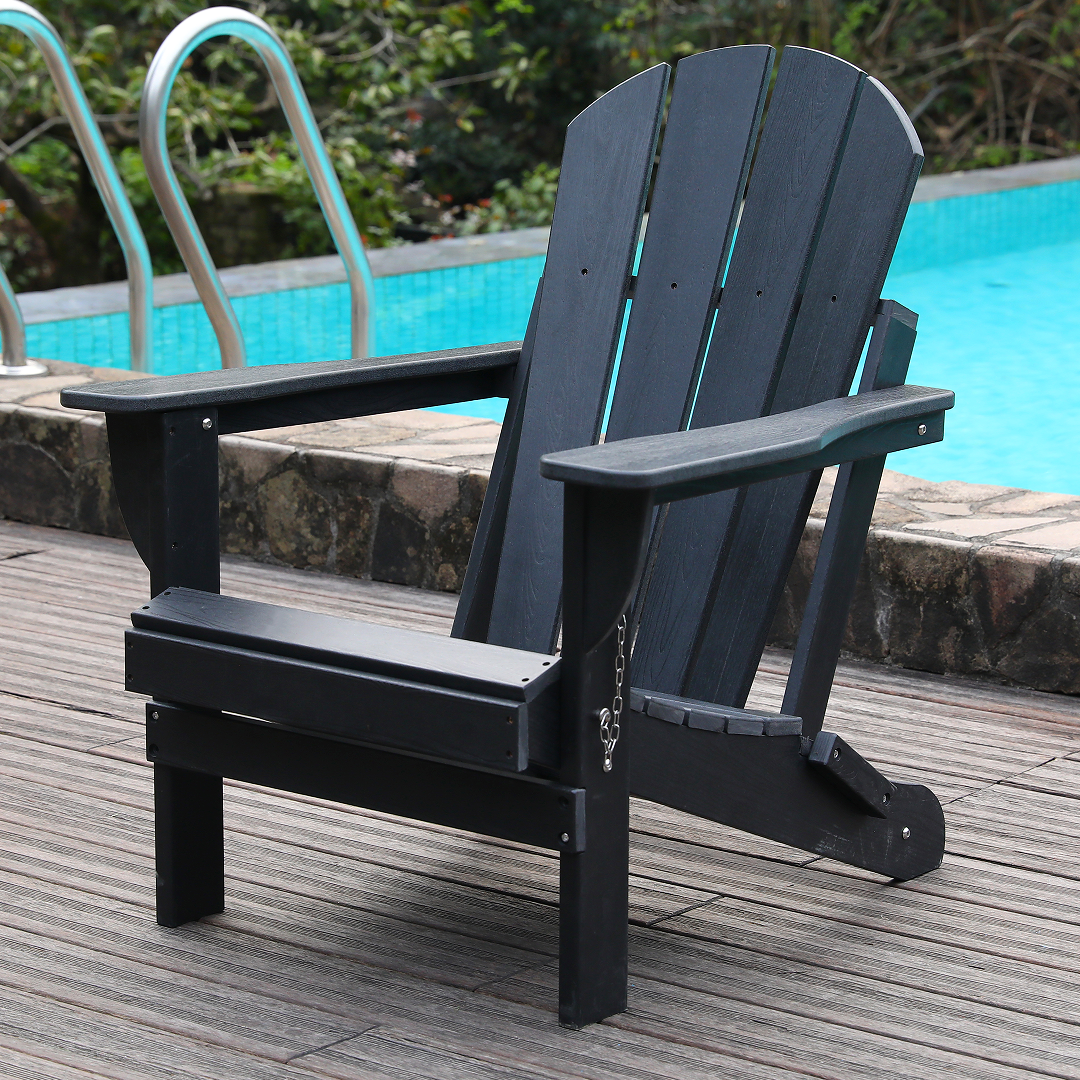 Adirondack Folding Chair with Dual Cup Holders - HDPE All-Weather Outdoor Chairs, Wood-Like Patio Chair for Backyard, Camping, Garden, Pool & Fire Pit, Black