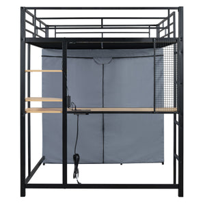 Loft Bed With Desk, Shelves, Power Outlet, LED Light And Wardrobe