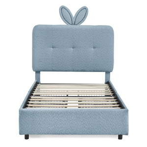 Twin Size Kids Upholstered Bed with Oversized Rabbit Ear Headboard, LED Light & 4 Storage Drawers, Boucle Fabric (79.5''X40.75''X41'')