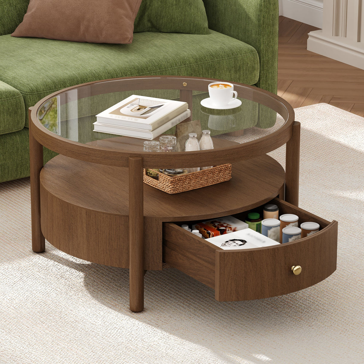 Solid Wood Round Glass Top Coffee Table with Storage Drawer