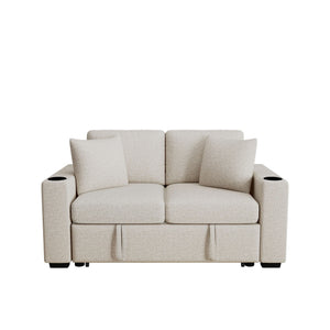Modern 2 Seater Loveseat Sofa With Pull-Out Bed, Fabric, USB Ports & Cup Holders