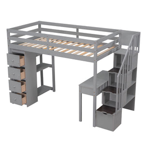 Loft Bed With Storage Drawers, Desk And Stairs With Shelves