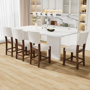 Set of 4 Mid-Century Modern Bar Stools, 40 in Linen Upholstered Counter Chairs with Rubber Wood Legs, Off White