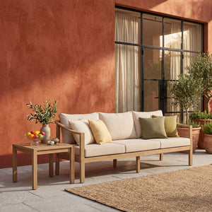 77.95" Outdoor Acacia Wood 3-Seater Sofa with Beige Cushions