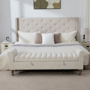Wide Modern Upholstered Storage Bench With Rolled Armrest