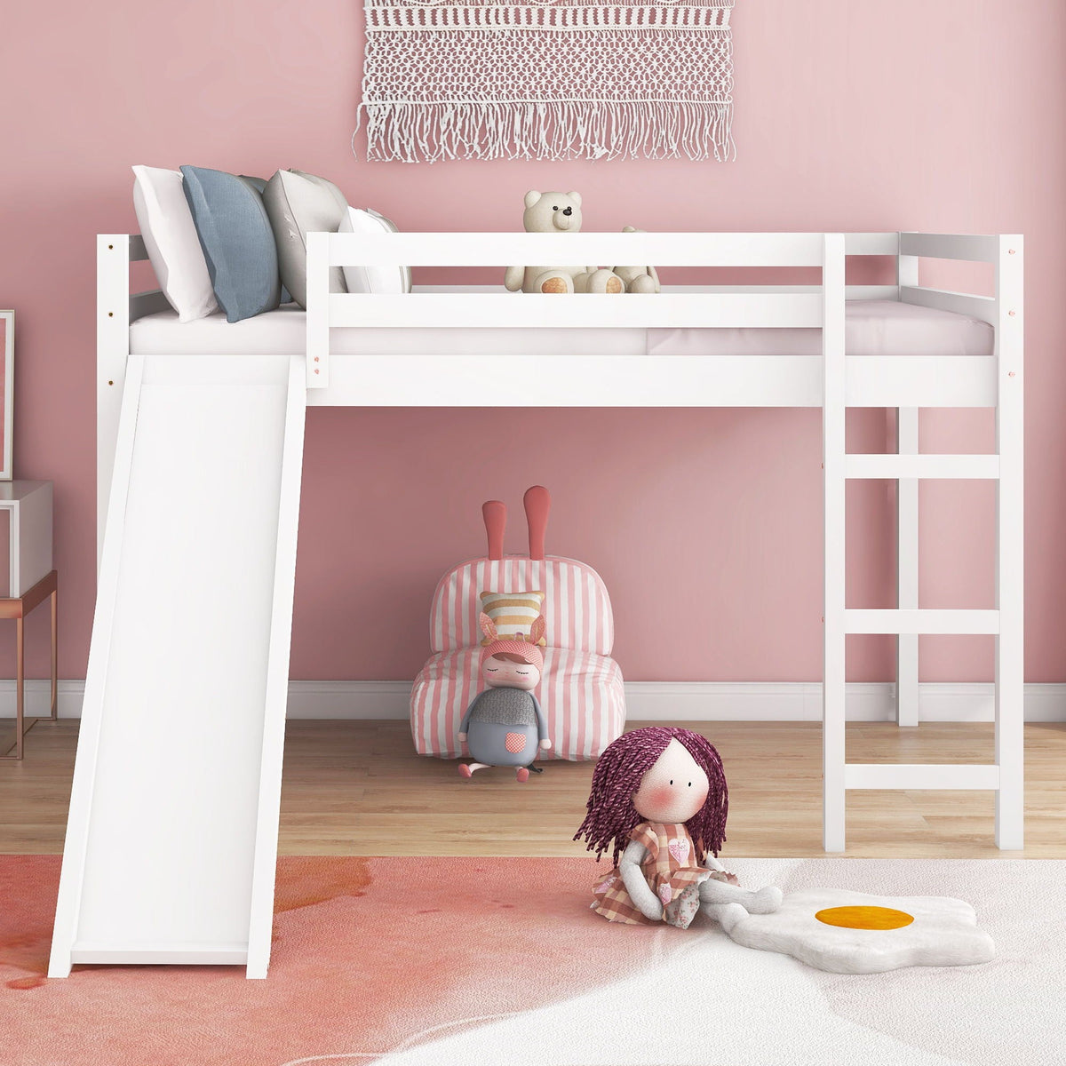 Full Loft Bed With Slide, Multifunctional Design - White