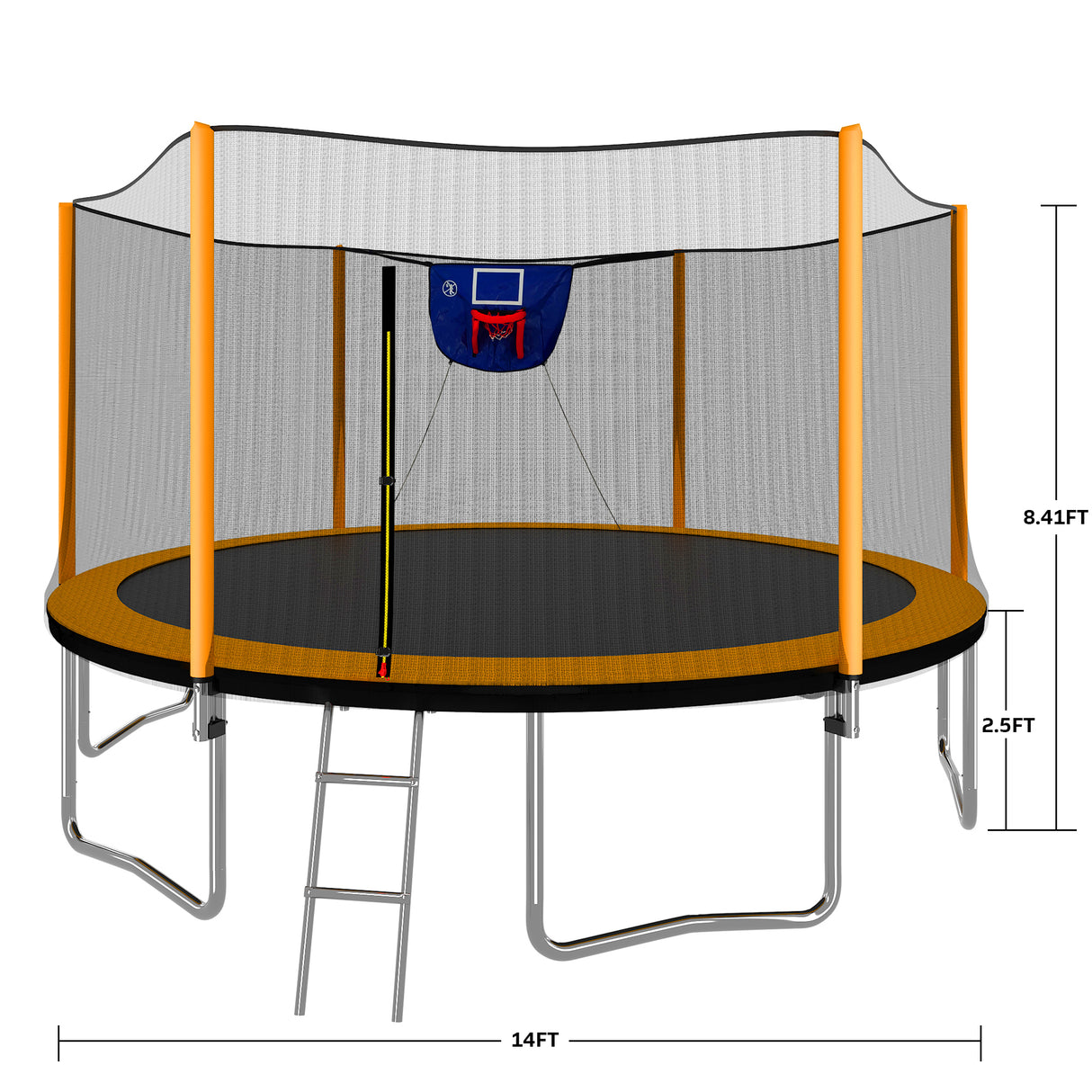 14ft powder-coated advanced trampoline with basketball hoop inflator and ladder(outer safety enclosure) orange