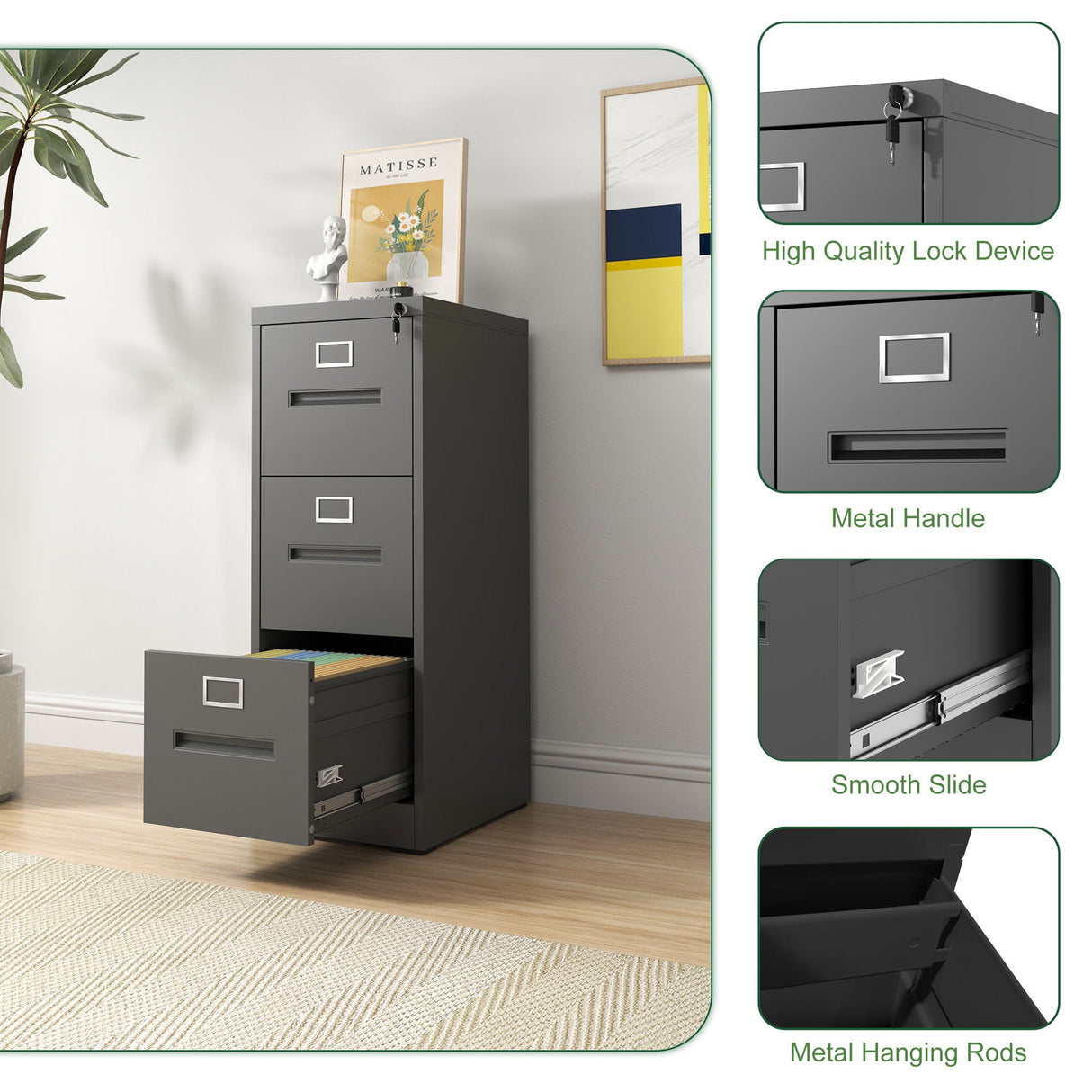 Premium Drawer File Cabinet With Lock, Metal Vertical Design, A4 Legal / Letter Size