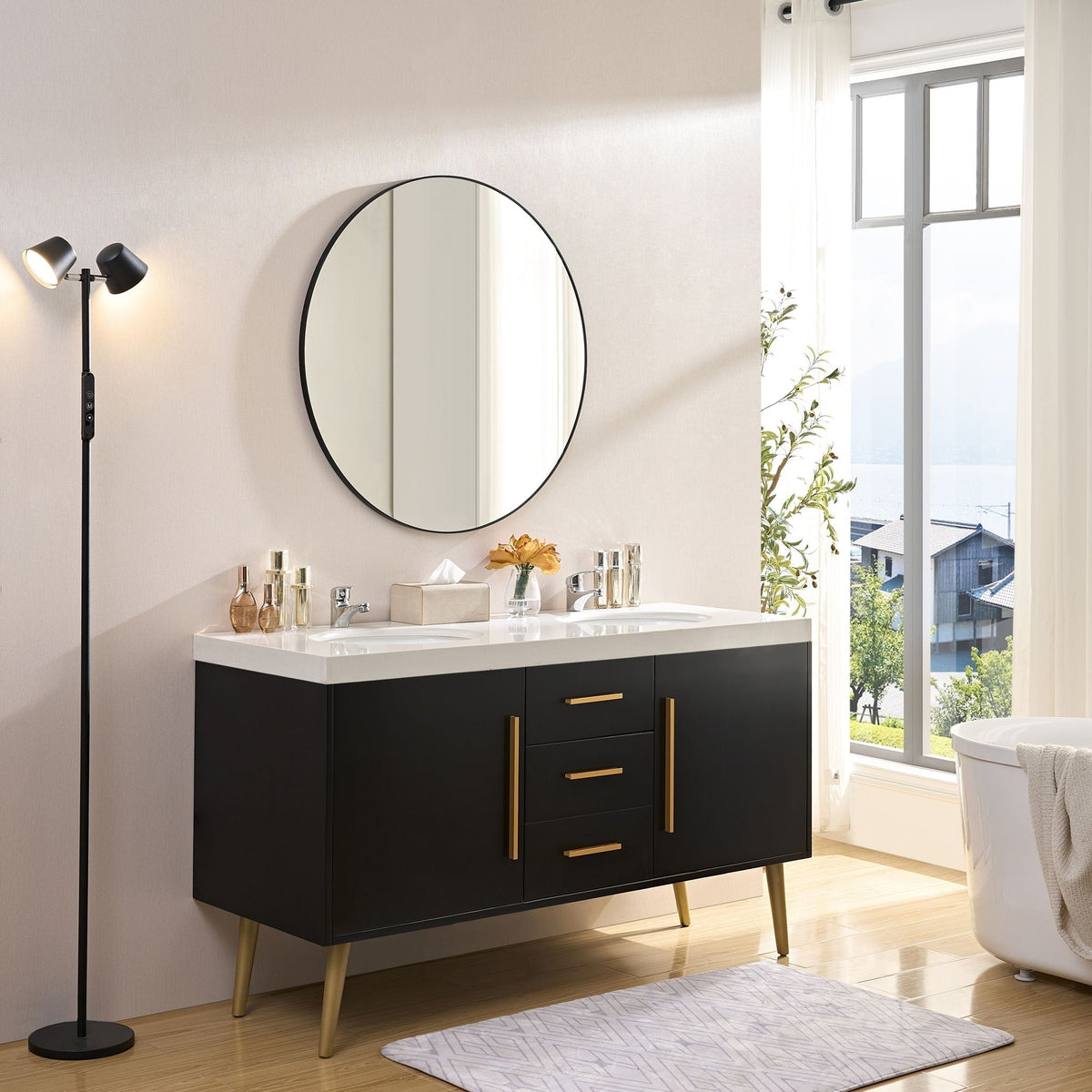 Wall Circular Framed Vanity Mirror For Bathroom, Living Room Decor - Black