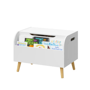 Toy Box With Front Bookshelf, Flip Top Lid, Safety Hinge For Kids Room Organization - White