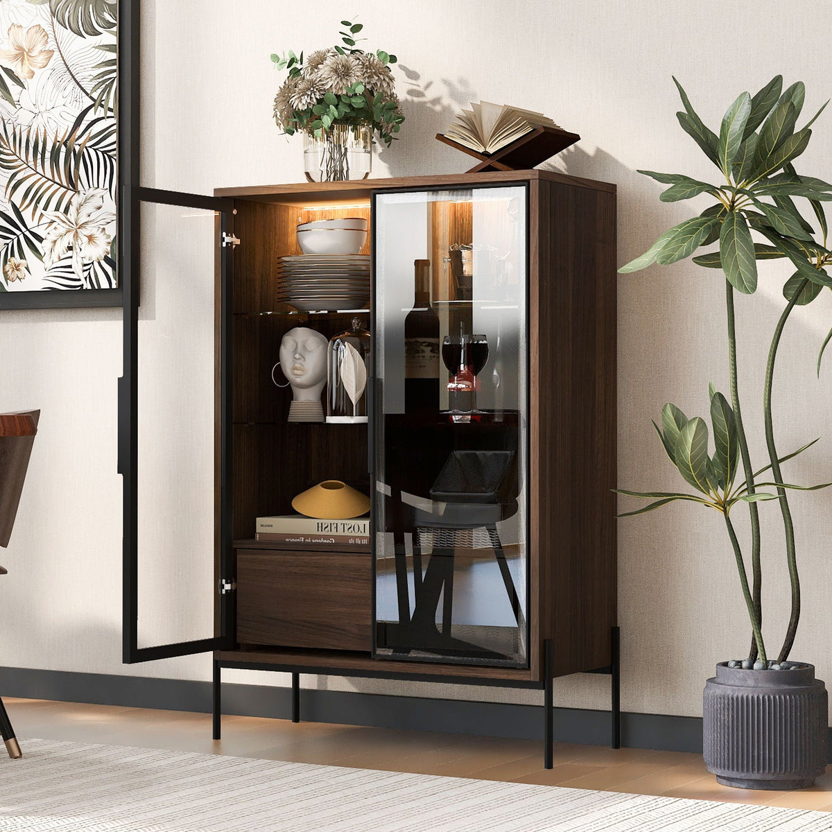 Modern Minimalist Style LED Curio Cabinet With Tempered Glass Door, Metal Legs