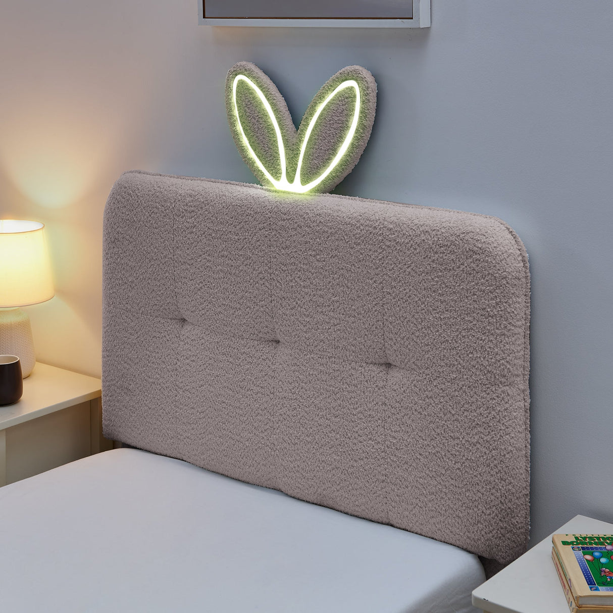 Twin Size Kids Upholstered Bed with Oversized Rabbit Ear Headboard, LED Light & 4 Storage Drawers, Boucle Fabric (79.5''X40.75''X41'')