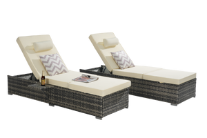 Outdoor Chaise Lounge Chair Set of 2 with Storage Patio Pool Chairs Tanning Lounges for Outside,Beach Rattan Recliners with Adjustable Backrest, Table, Cushion for Poolside Backyard Garden