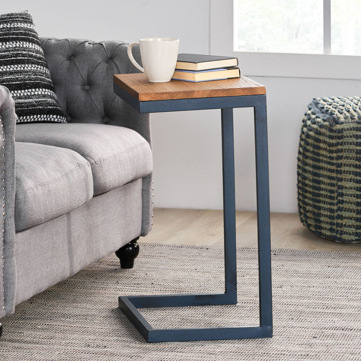 C Shaped End Table With Iron Base And Fir Wood To