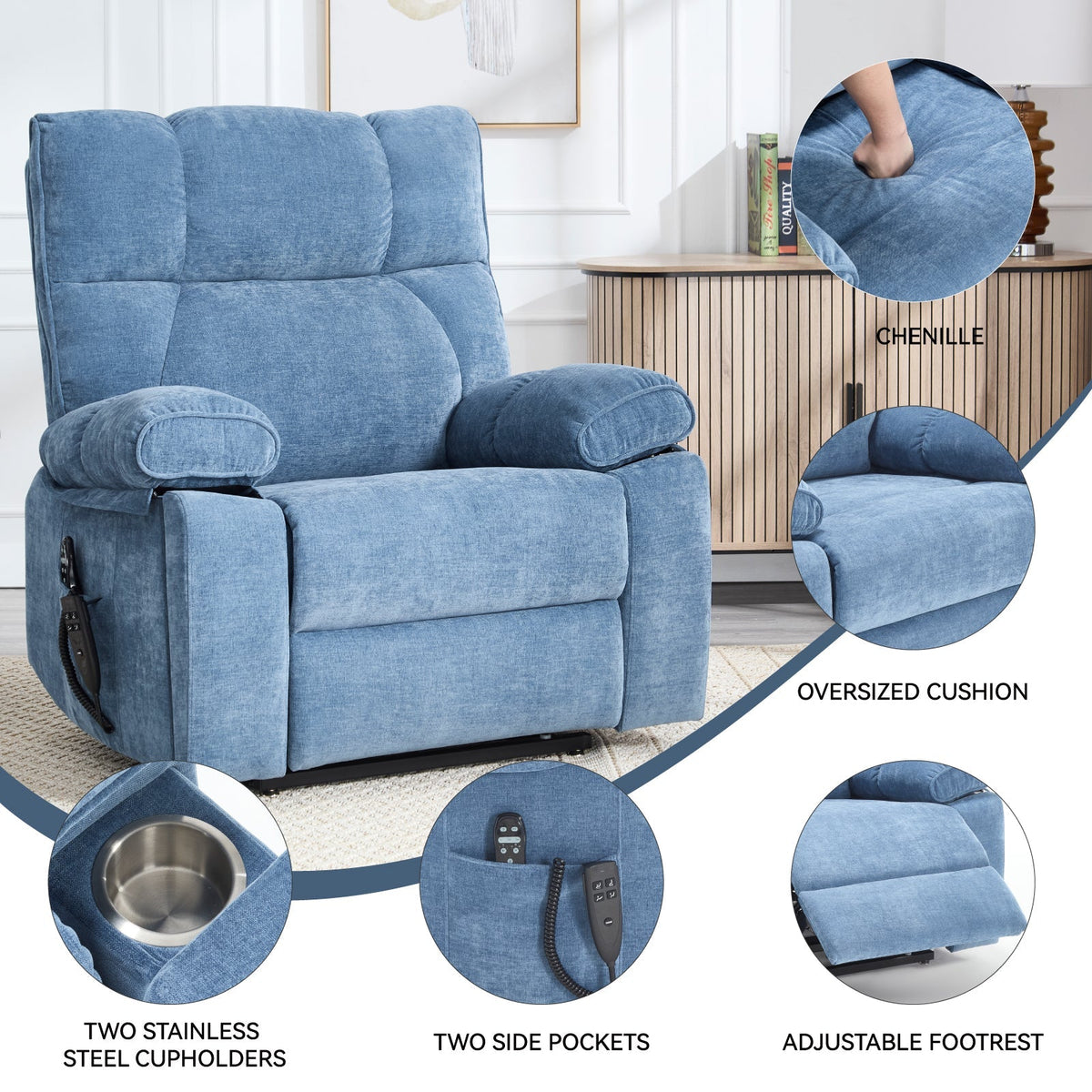 Blue Heat Massage Dual Motor Lift Recliner Chair with Electric Heat - Blue