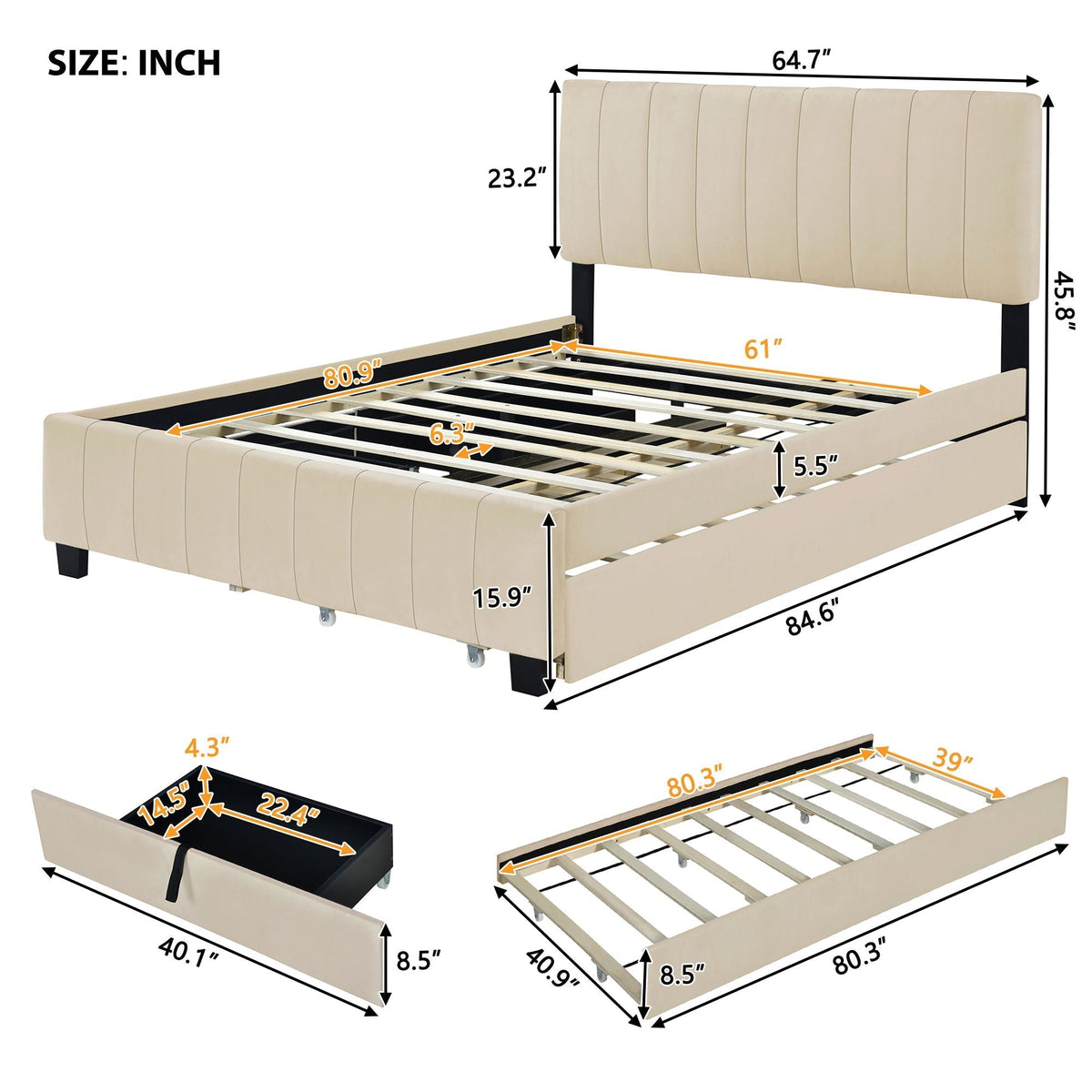 Platform Upholstered Bed with 2 Drawers and Twin Long Trundle