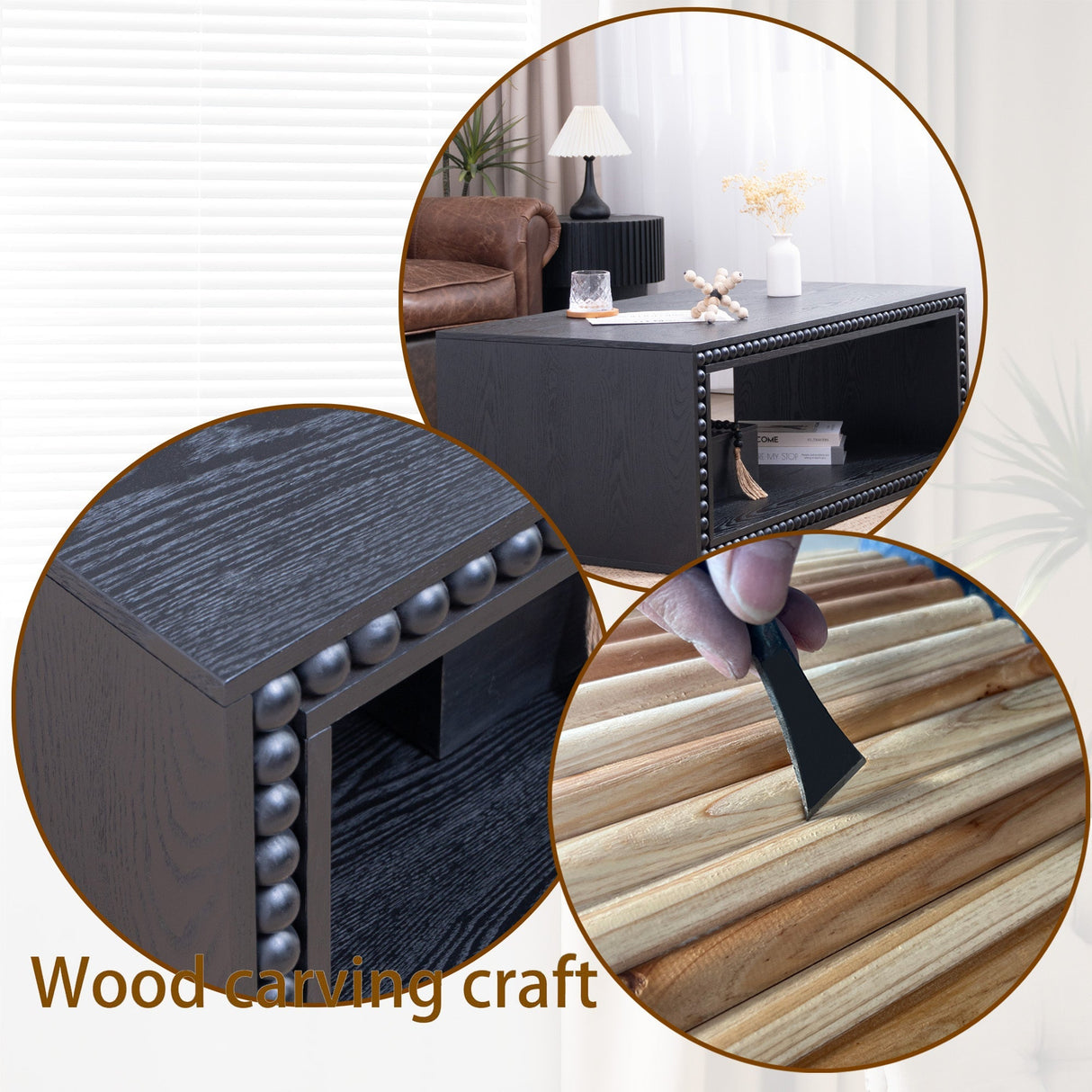Black Beaded Edge Coffee Table – 47.6' Rectangular Center Table with Open Storage Shelf, Modern Farmhouse Style, Solid Black Finish