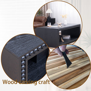 Black Beaded Edge Coffee Table – 47.6' Rectangular Center Table with Open Storage Shelf, Modern Farmhouse Style, Solid Black Finish