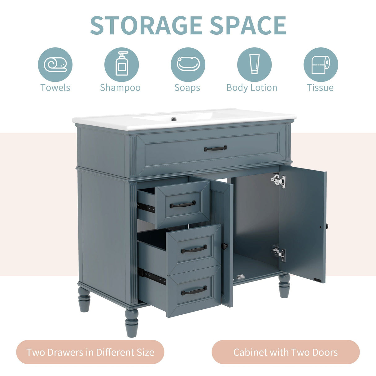 Bathroom Vanity With Sink, 2 Doors 2 Drawers, Freestanding Design