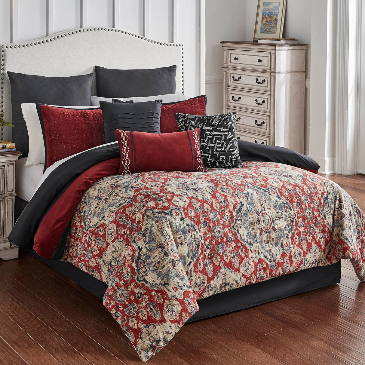 Sadler 9 Pc Burgundy & Blue Medallion Comforter Ensemble