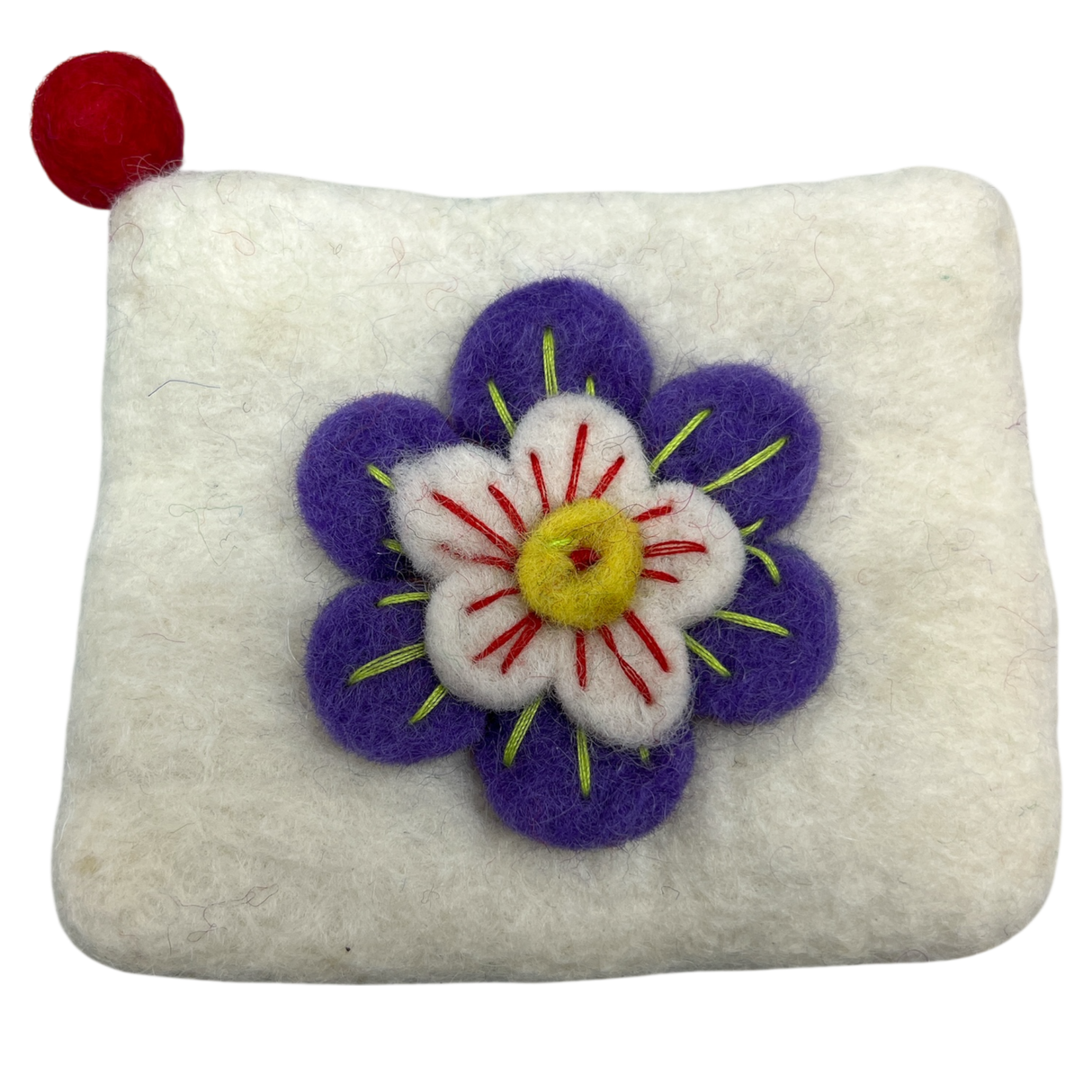 Felt Wool White Coin Purse with Flower Applique