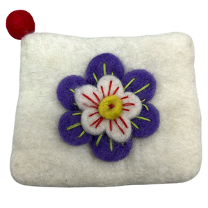 Felt Wool White Coin Purse with Flower Applique
