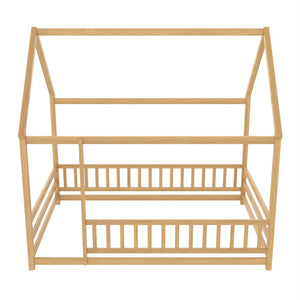 Full Size Floor Wooden Bed with House Roof Frame
