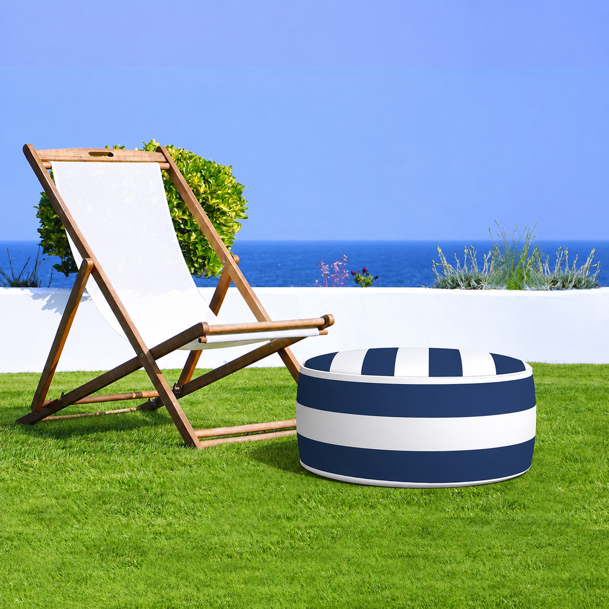 Outdoor Inflatable Ottoman - Navy Blue/White Striped