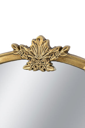 Round Wall Mirror with Decorative Leaf Crest - Gold